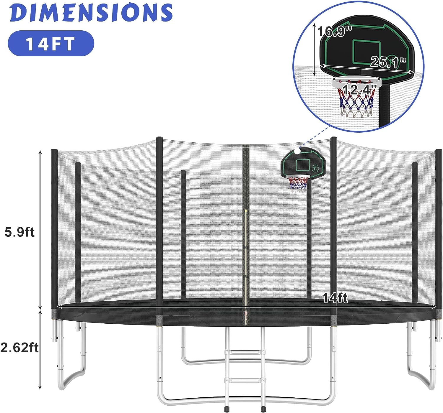 Trampoline 12FT 14FT 15FT 16FT Trampoline for Kids and Adults with Basketball Hoop, Enclosure Net & Wind Stakes, 1500LBS ASTM Compliant Outdoor Recreational Trampolines