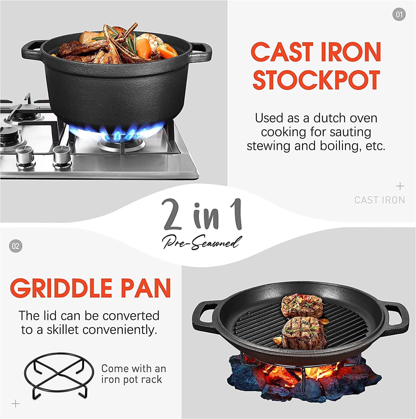 Pre-Seasoned Cast Iron 2-In-1 Heavy-Duty 5.5Qt Dutch Oven with Skillet Lid Set, Oven,Grill, Stove Top, BBQ and Induction Safe