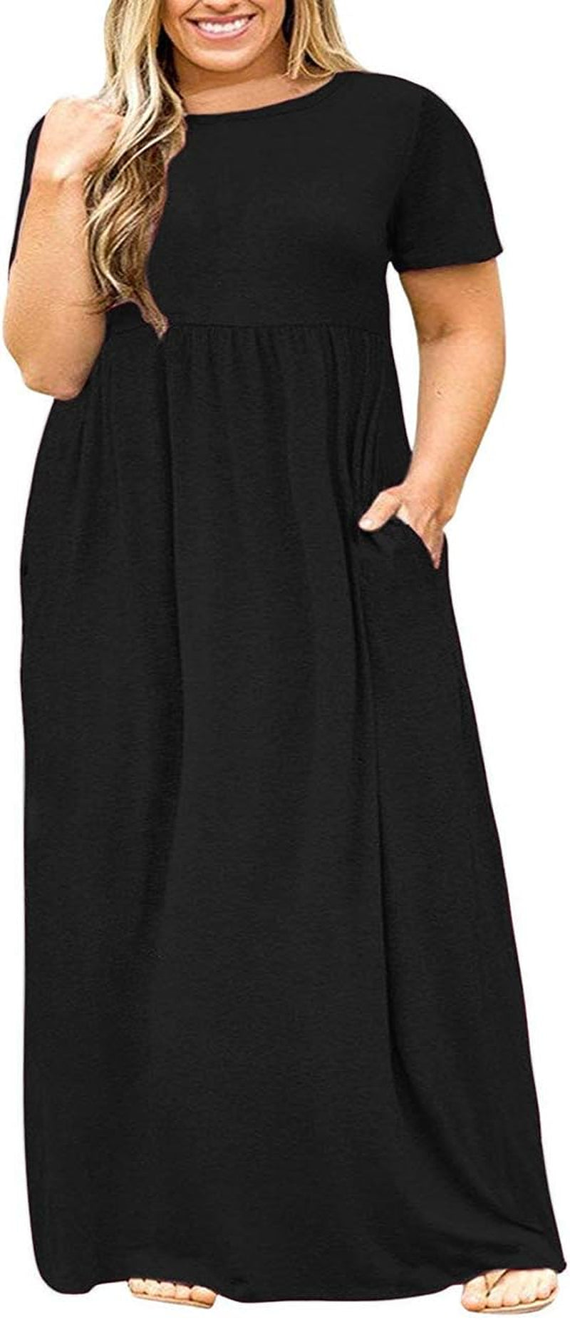 Women'S plus Size Short Sleeve Loose Plain Casual Long Maxi Dresses with Pockets