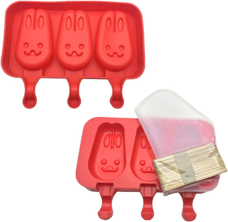 Homemade Popsicle Silicone Molds with Lid, BPA Free Ice Cream Bar Mold, 3 Cavities Silicone Ice Pop Mold with 40 Wooden Sticks, Set of 2 ( Rabbit Shape)