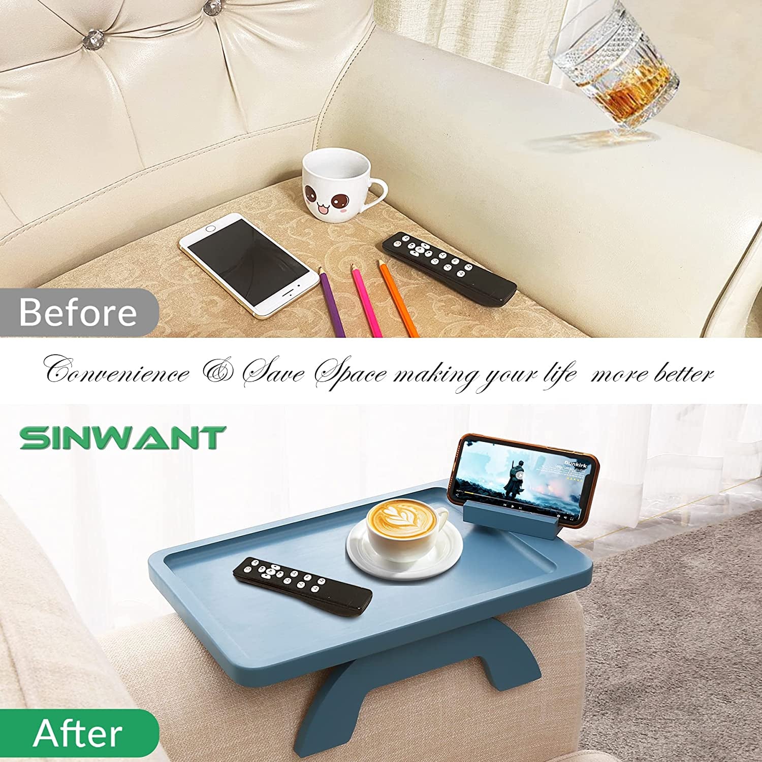 SINWNAT Couch Arm Tray, Bamboo Sofa Arm Clip on Tray Table,Sofa Armrest Tray with 360° Phone Holder,,Sofa Arm Table for Eating and Drinking Table