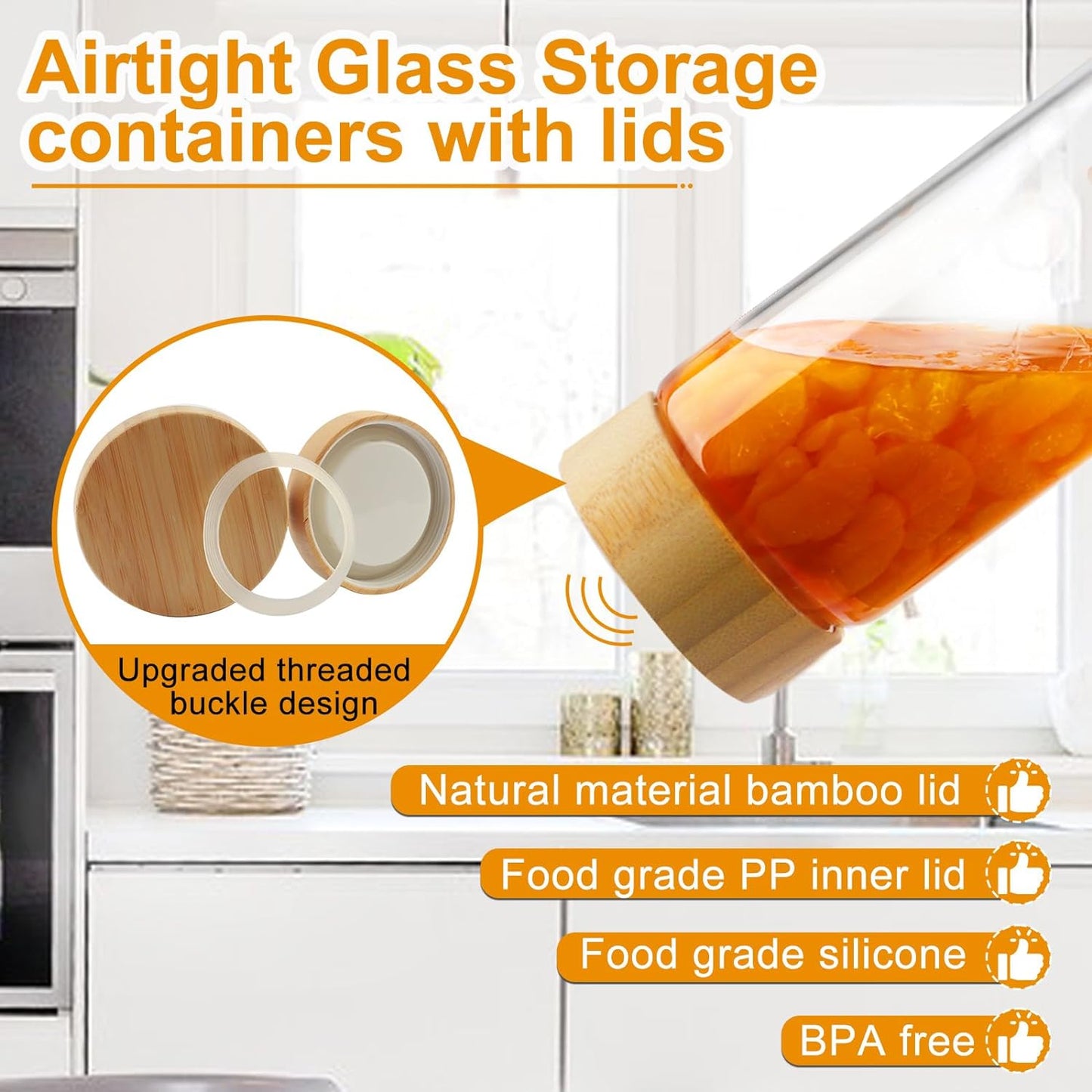 Glass Storage Containers with Lids, Glass Jars with Airtight Lid for Cookie, Pasta, Rice, Cereal, Flour Sugar Containers Storage, 3Pcs 80Oz Kitchen Canisters with Screw on Bamboo Lid