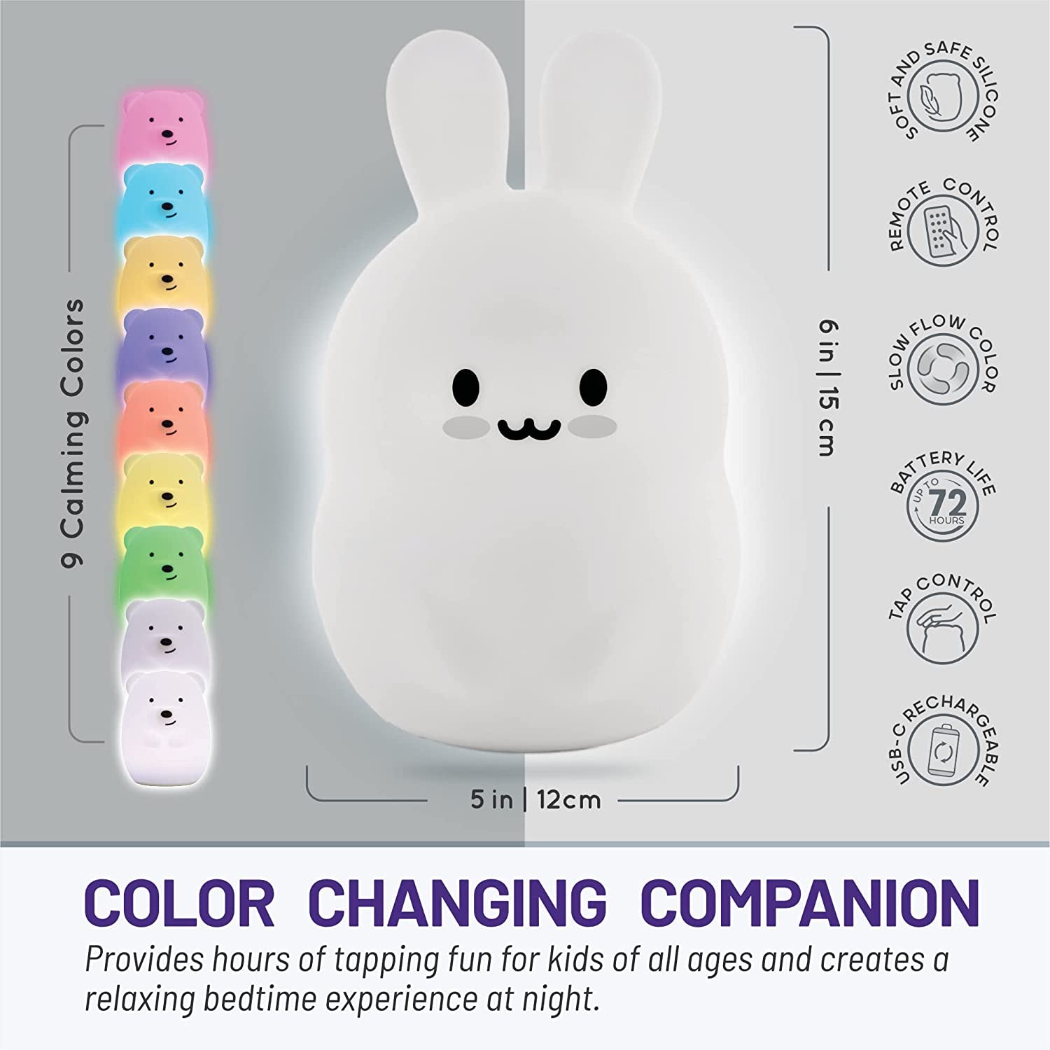 Bunny Rabbit, Night Light, Silicone Nursery Light for Baby and Toddler, Cute Squishy Animal Night Lights for Kids, Girls and Boys, Kawaii Night Light for Bedroom
