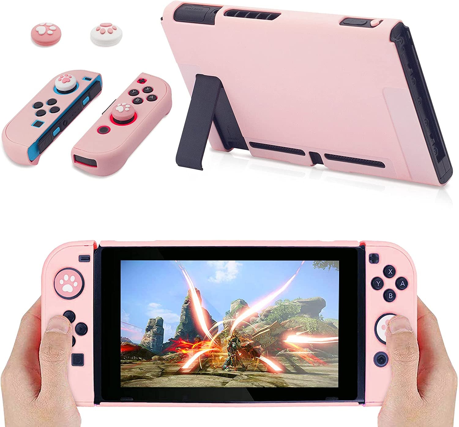 Protector Case for Nintendo Switch Cover Case with Glass Screen Protector, Anti-Scratch Shock-Absorption Grip Cover-Pink