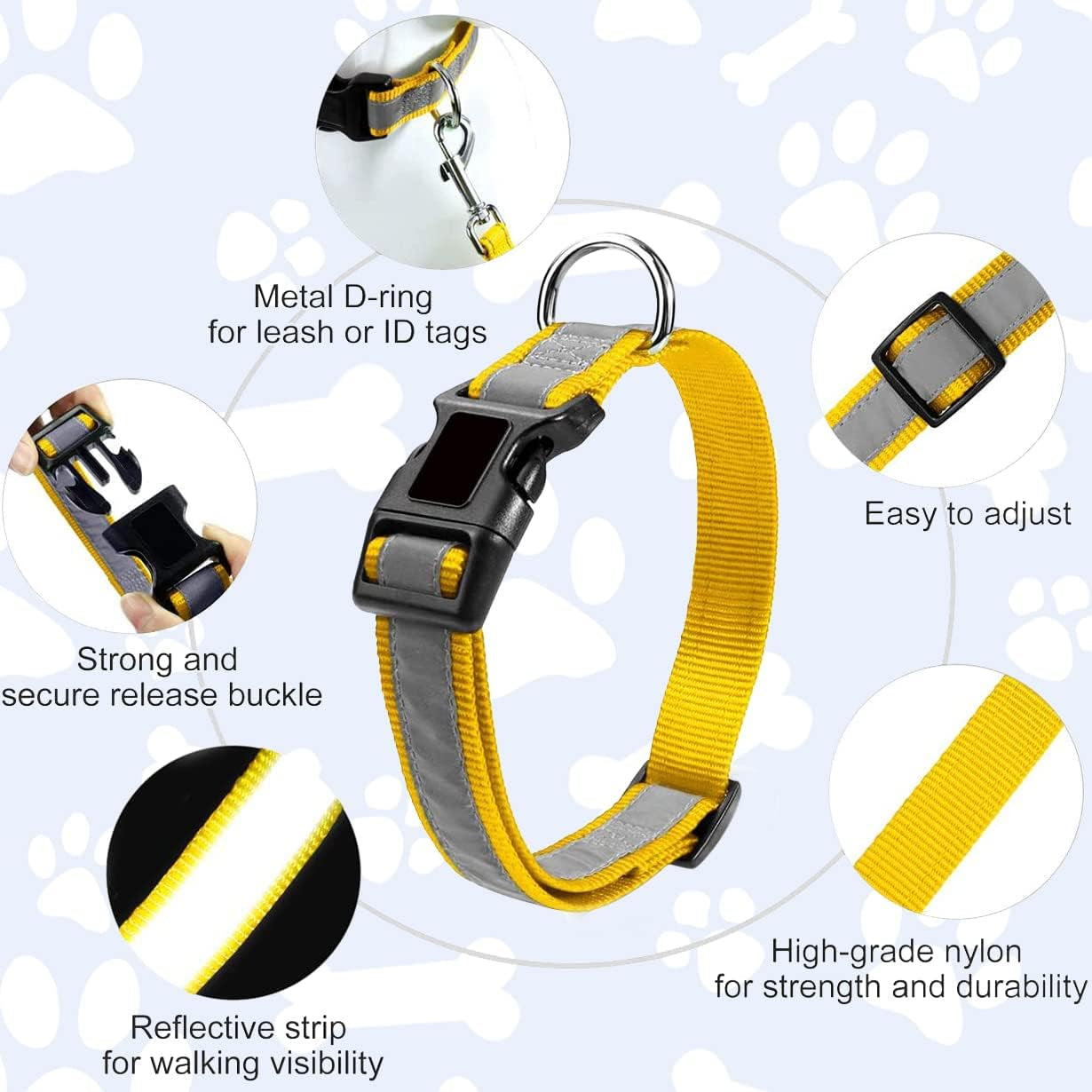 Full Reflective Dog Collar, Adjustable Nylon Dog Collars with Quick Safety Buckle for Small Dogs, Yellow S