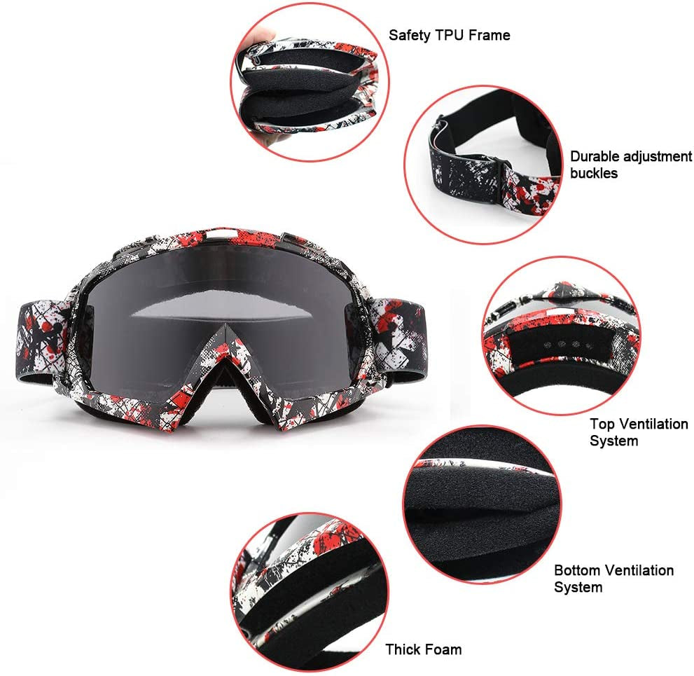 Motorcycle Goggles, ATV Dirt Bike off Road MX UV400 Motocross Goggle with Soft Thick Foam Anti-Scratch Dustproof