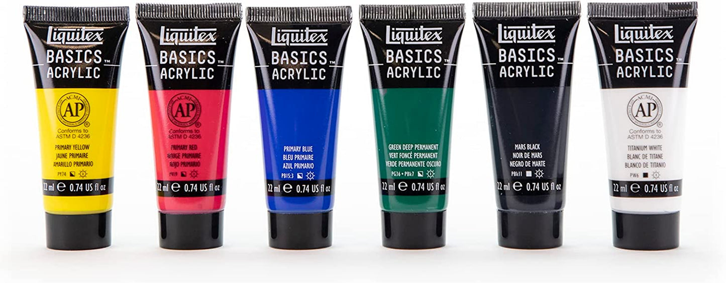 BASICS Acrylic Paint Set, 6 X 22Ml Tube Paint Set, Primary, Blue,Color Mixing,Green,White, 0.7 Fl Oz (Pack of 6)
