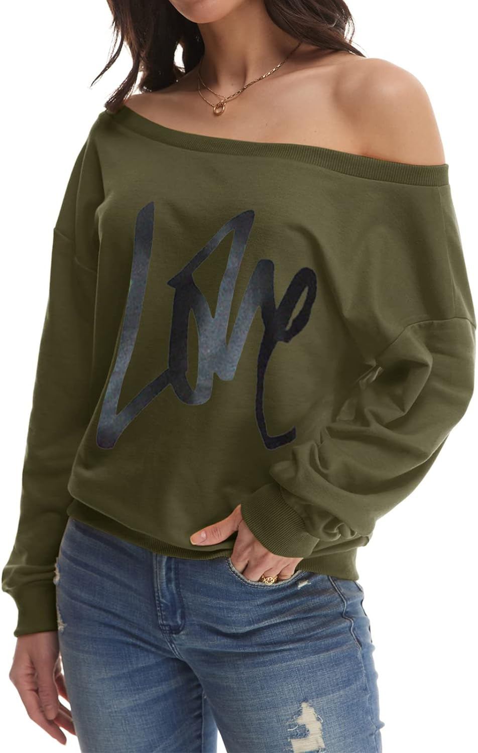 Womens Oversized Sweatshirt Love Letter Printed off Shoulder Sweatshirt Loose Slouchy Pullover Tops