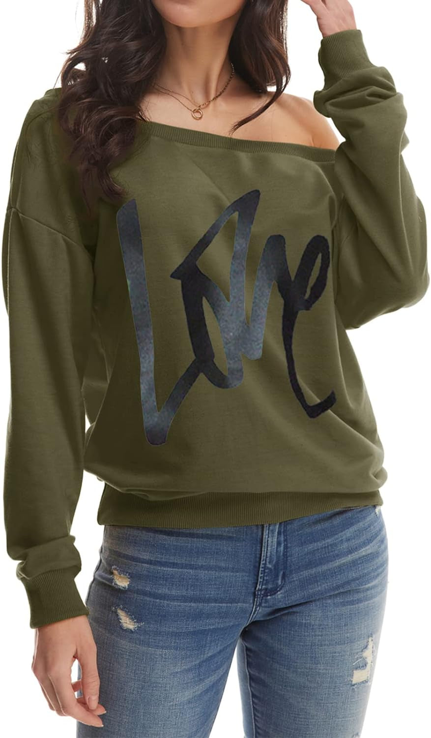 Womens Oversized Sweatshirt Love Letter Printed off Shoulder Sweatshirt Loose Slouchy Pullover Tops