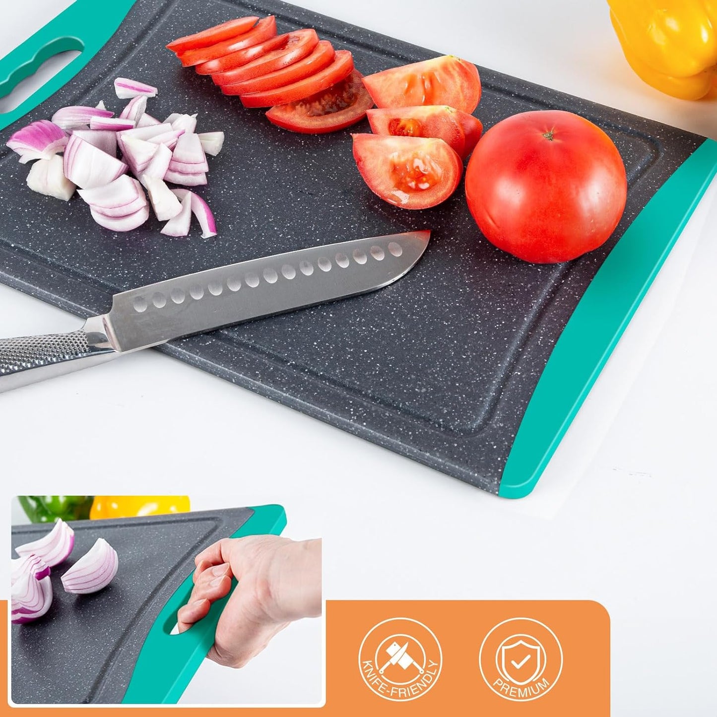 Extra Large Cutting Boards, Plastic Cutting Boards for Kitchen (Set of 3) Cutting Board Set Dishwasher Chopping Board with Juice Grooves Easy-Grip Handles, Turquoise,