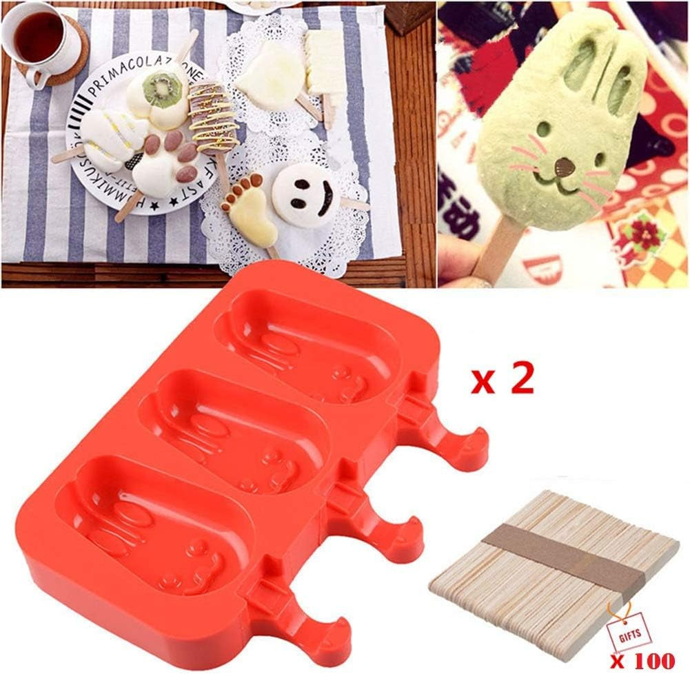 Homemade Popsicle Silicone Molds with Lid, BPA Free Ice Cream Bar Mold, 3 Cavities Silicone Ice Pop Mold with 40 Wooden Sticks, Set of 2 ( Rabbit Shape)