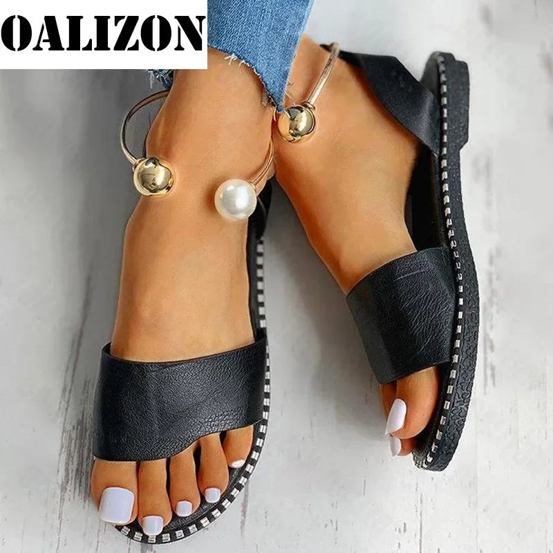 2022 New Summer Women Beaded Pearly Sandals Slippers Shoes Ladies Flats Sandals Flip Flop Casual Flat Slingback Sandals Shoes