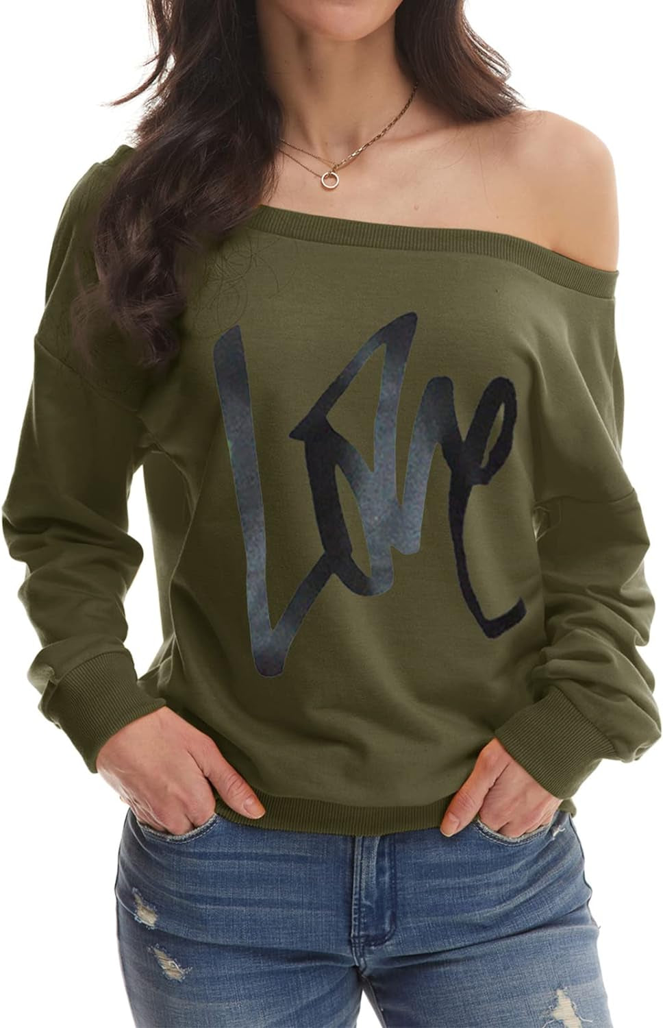 Womens Oversized Sweatshirt Love Letter Printed off Shoulder Sweatshirt Loose Slouchy Pullover Tops