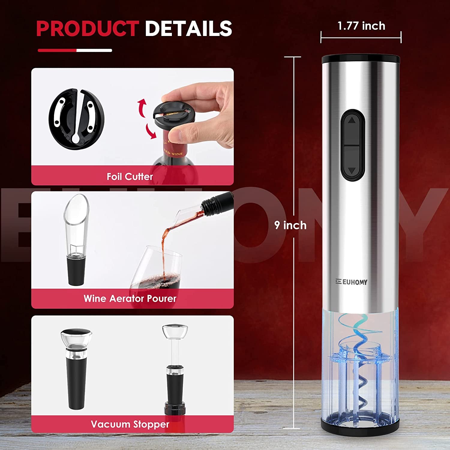 Electric Wine Opener with Battery,Reusable Stainless Steel Cordless Electric Wine Bottle Opener SET with 2-In-1 Aerator &Pourer, Foil Cutter, Vacuum Preservation Stoppers