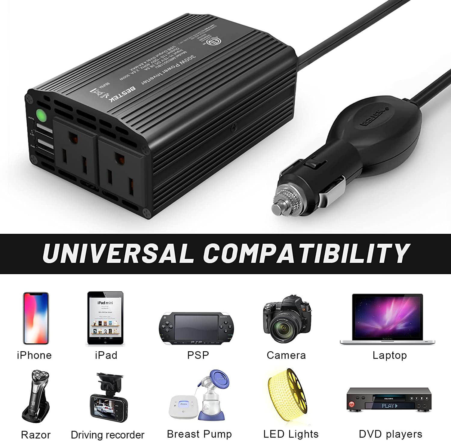 300W Power Inverter DC 12V to 110V AC Car Charger Converter with 4.2A Dual USB Ports and 2 AC Outlets Adapter (Black)