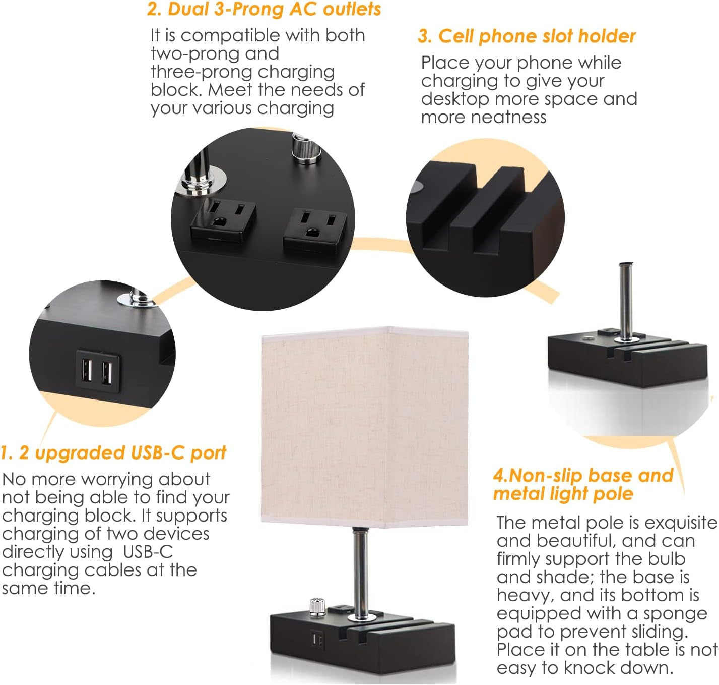 Fully Dimmable Table Lamp for Bedroom Living Room Dual USB Port Bedside Lamp for Nightstand Desk Lamps with Charging Station 2 Power Outlets, Fabric Lampshade LED Bulb Included (Black/Beige)