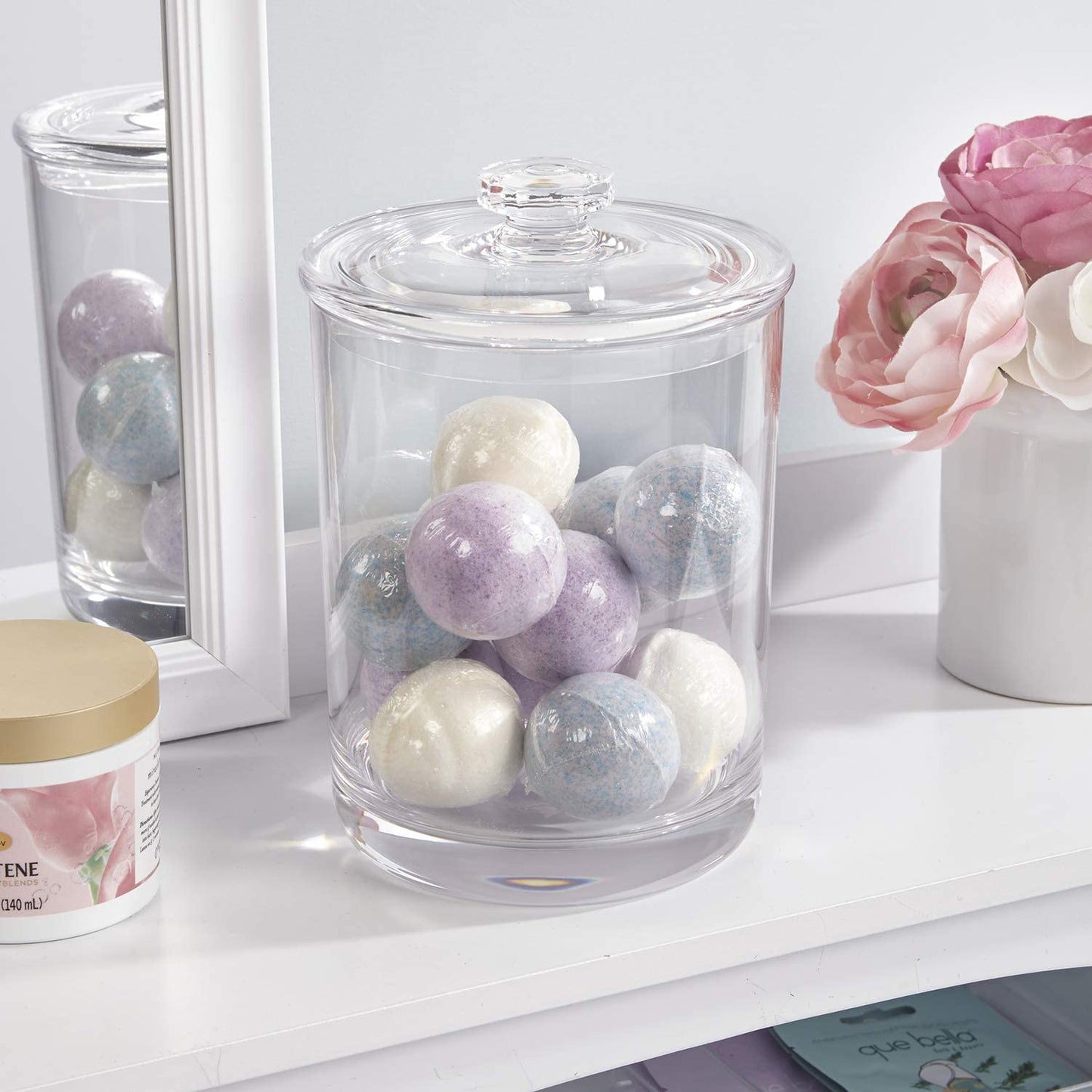 Premium Quality Makeup and Cotton Ball Holder | 60-Oz Clear Plastic Apothecary Jar with Lid | Perfect Storage Container to Organize Bathroom and Vanity
