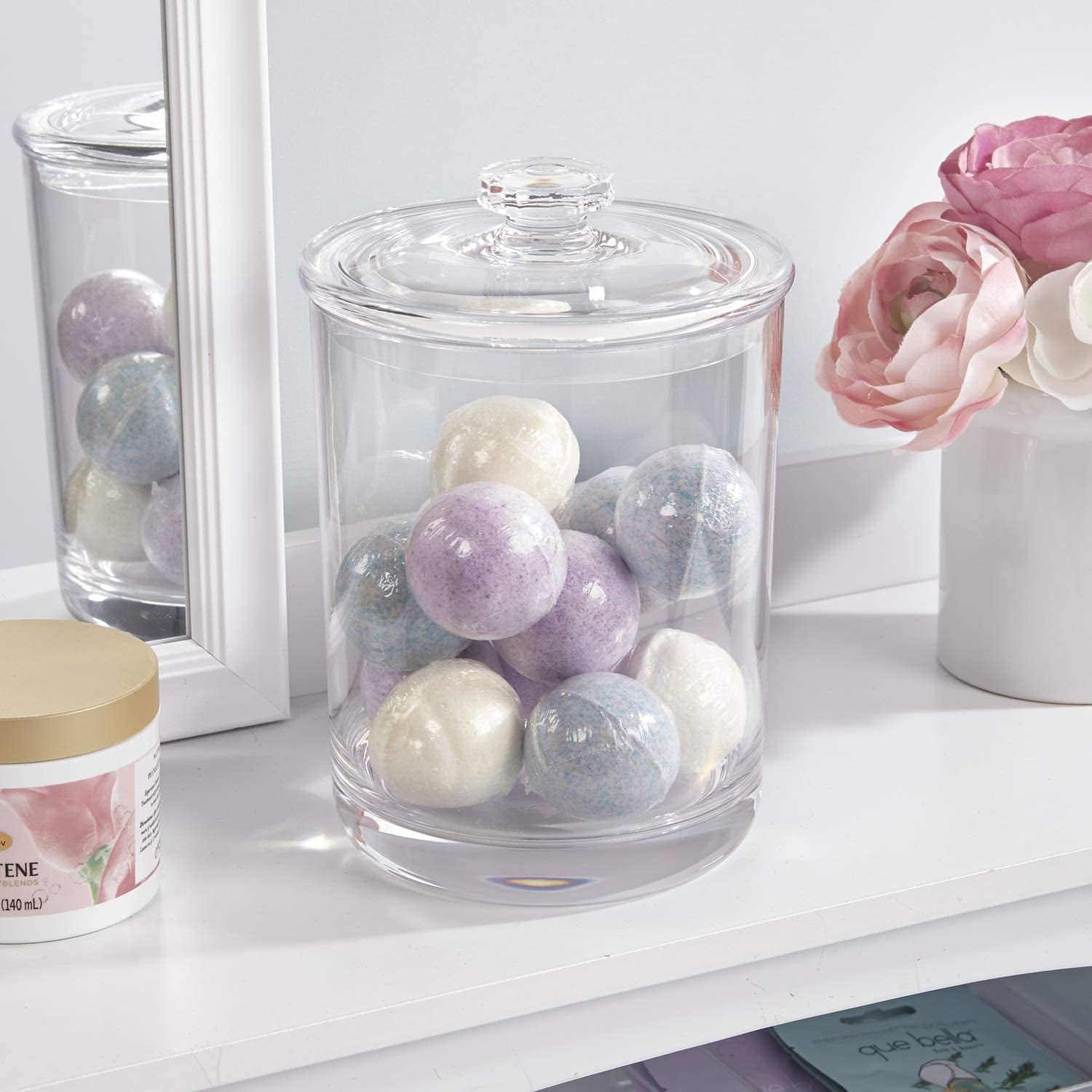 Premium Quality Makeup and Cotton Ball Holder | 60-Oz Clear Plastic Apothecary Jar with Lid | Perfect Storage Container to Organize Bathroom and Vanity