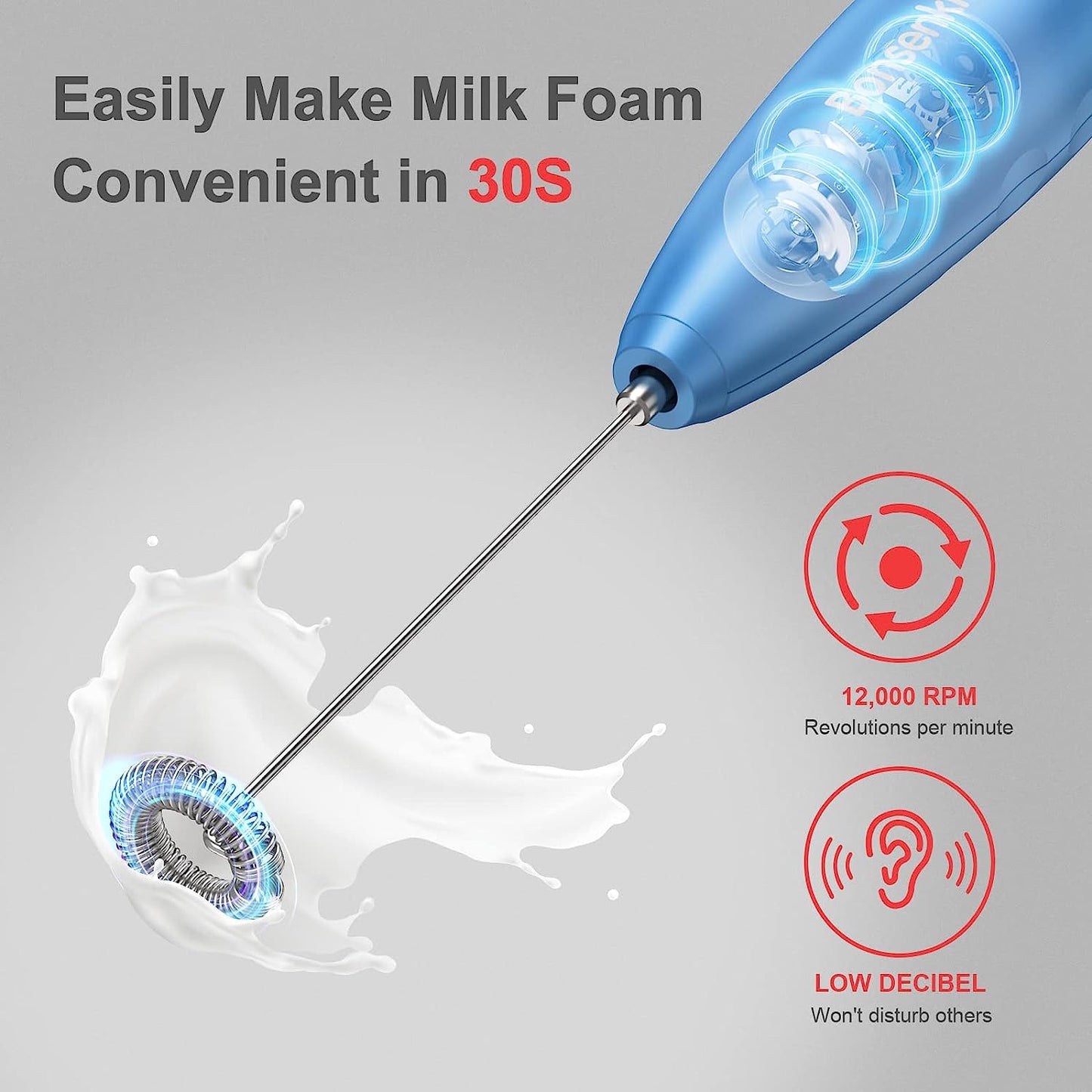 Handheld Milk Frother, Electric Hand Foamer Blender for Drink Mixer, Perfect for Bulletproof Coffee, Matcha, Hot Chocolate, Mini Battery Operated Milk Whisk Frother-Metallic Blue