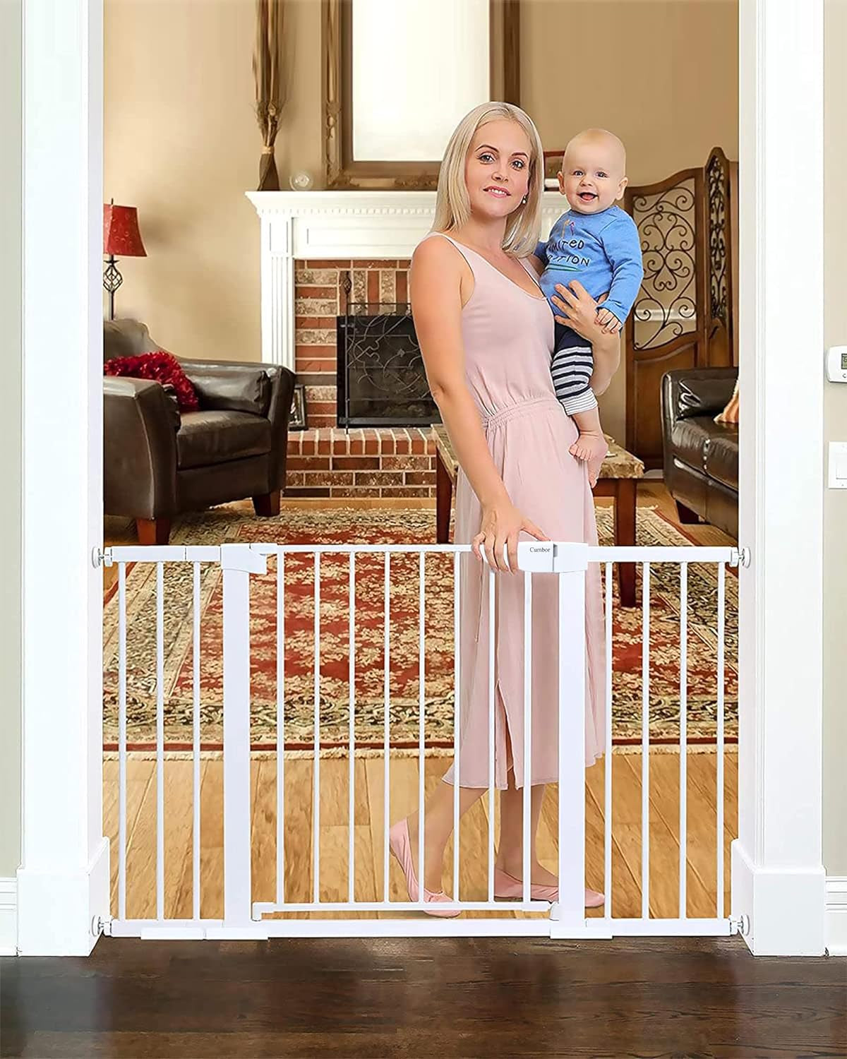 29.7"-51.5" Baby Gate Extra Wide, Safety Dog Gate for Stairs, Easy Walk Thru Auto Close Pet Gates for the House, Doorways, Child Gate Includes 4 Wall Cups,White, Mom'S Choice Awards Winner