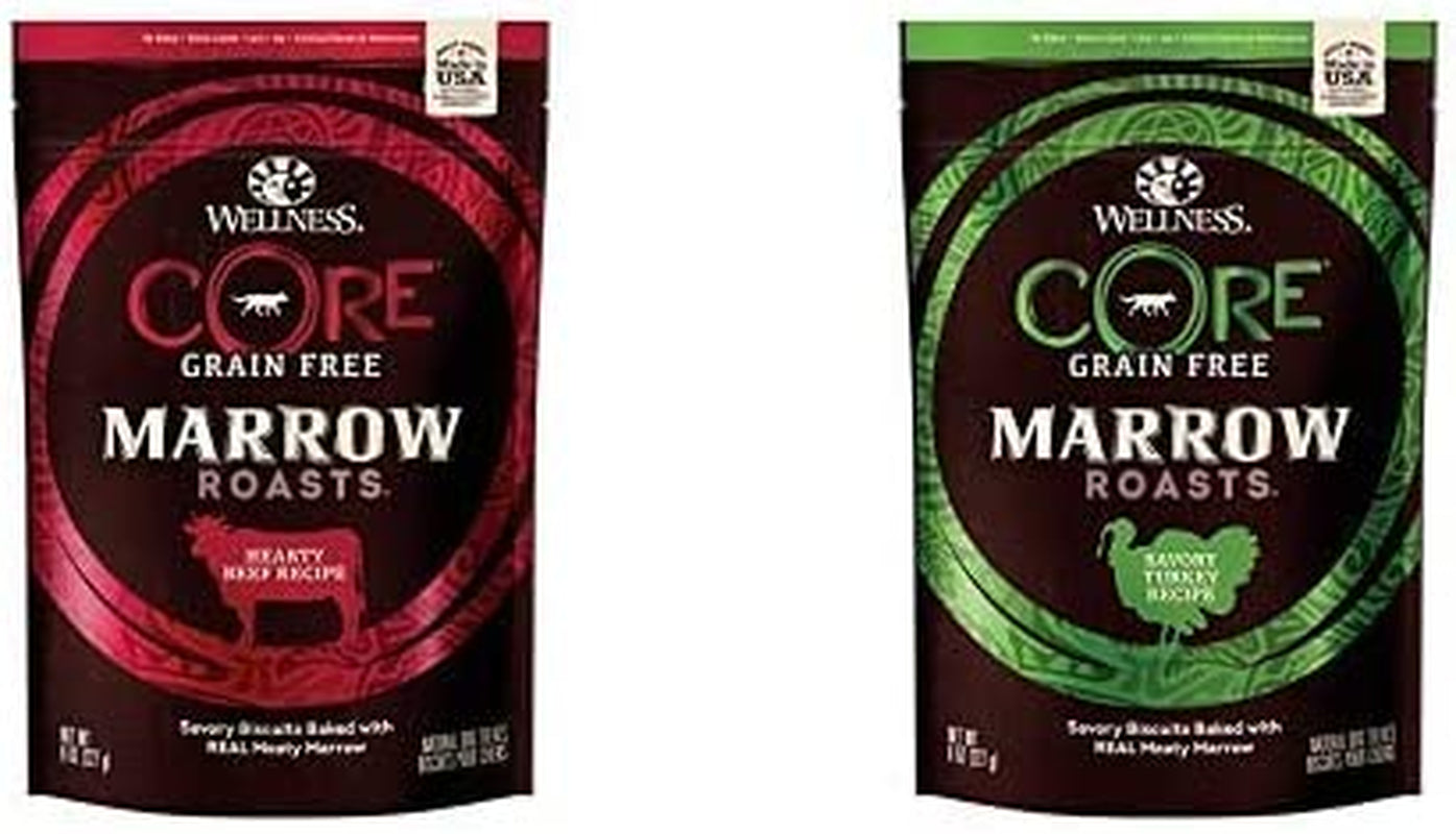 Wellness Core Marrow Roasts Natural Grain Free Dog Treats, Beef, 8-Ounce Bag with Grain Free Dog Treats, Turkey Recipe
