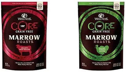 Wellness Core Marrow Roasts Natural Grain Free Dog Treats, Beef, 8-Ounce Bag with Grain Free Dog Treats, Turkey Recipe
