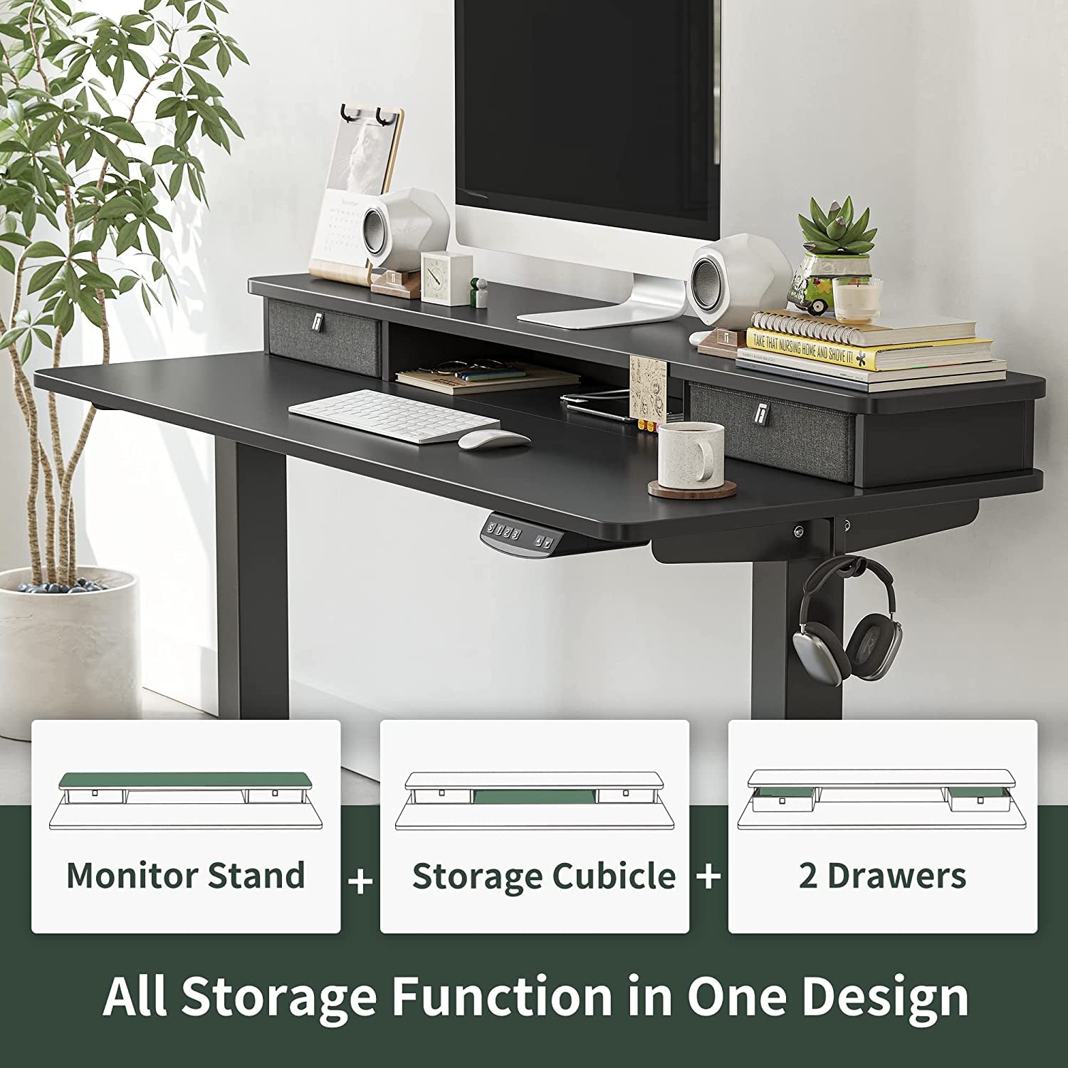 60 X 24 Inch Height Adjustable Electric Standing Desk with Double Drawer, Stand up Desk with Storage Shelf, Sit Stand Desk, Black