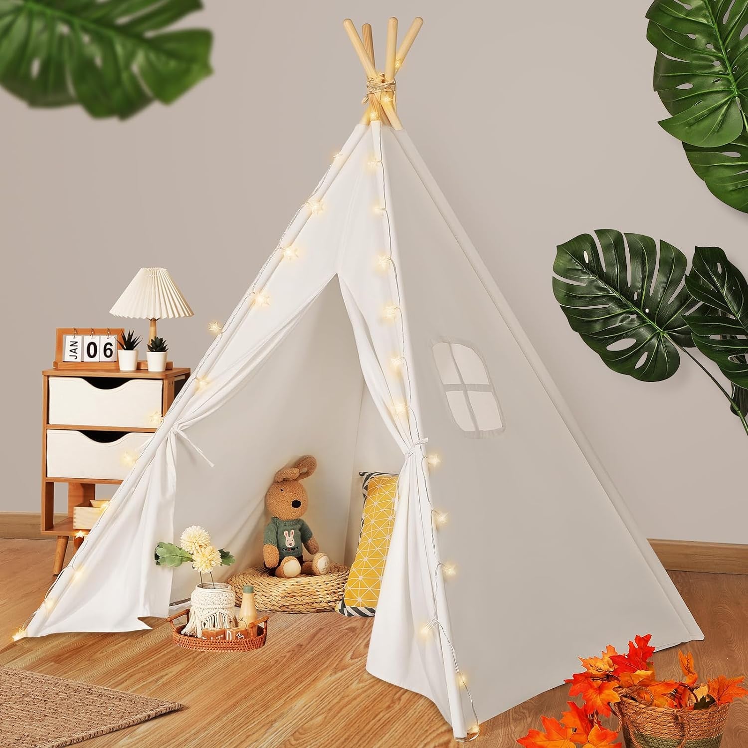 Teepee Tent for Kids with Carry Case, Natural Canvas Teepee Play Tent, Toys for Girls/Boys Indoor & Outdoor Playing (White Teepee Tent)