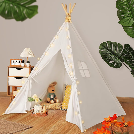 Teepee Tent for Kids with Carry Case, Natural Canvas Teepee Play Tent, Toys for Girls/Boys Indoor & Outdoor Playing (White Teepee Tent)