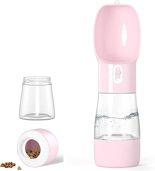 Outdoor Dog Water Bottle Dispenser - Leak Proof Water Bottle for Dogs on the Go with Food Container Multifunctional Travel Dog Water Bottle（Pink）