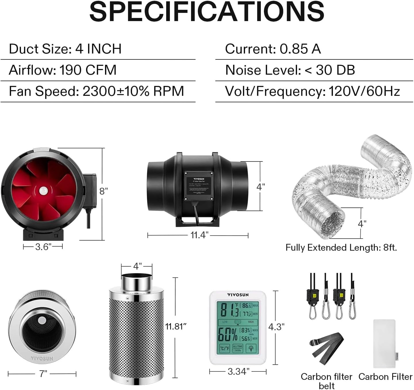 4 Inch 190 CFM Inline Fan with Speed Controller, 4 Inch Carbon Filter and 8 Feet of Ducting, Temperature Humidity Monitor for Grow Tent Ventilation