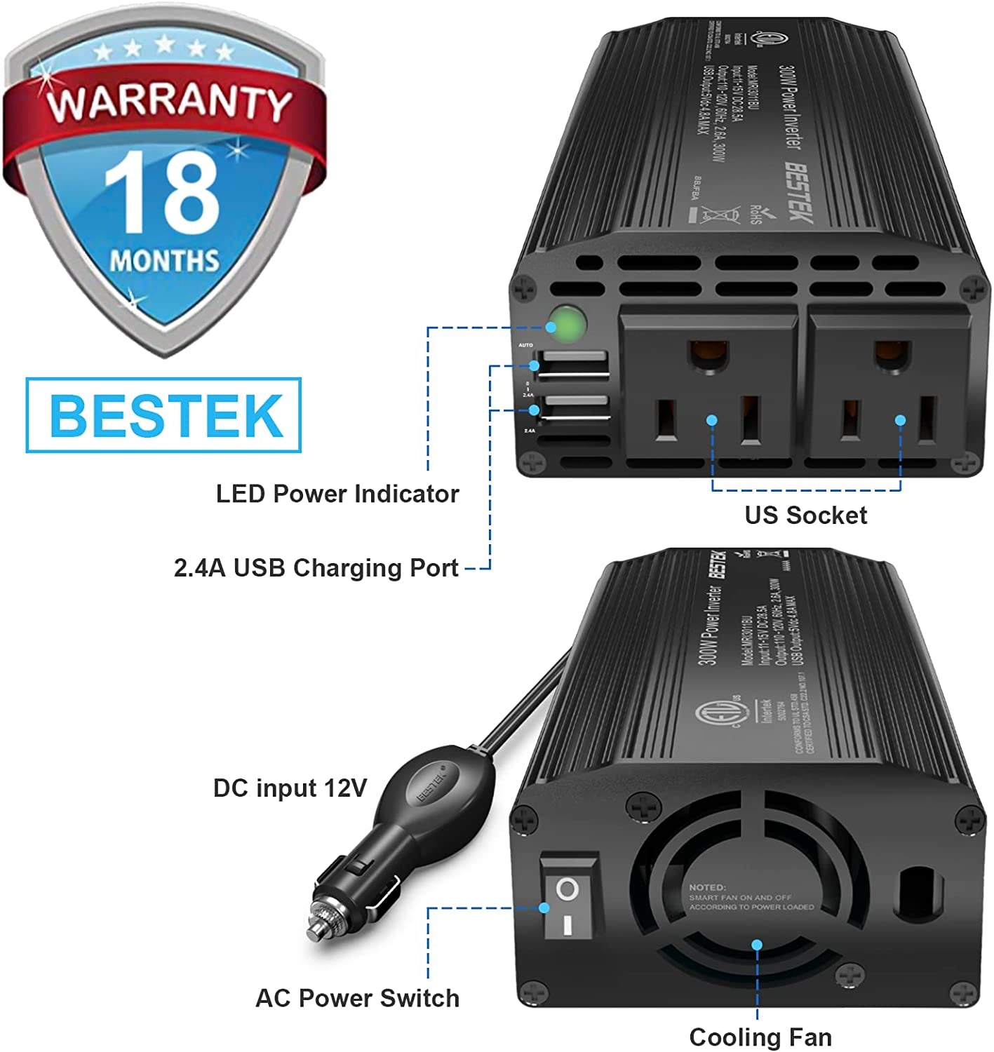 300W Power Inverter DC 12V to 110V AC Car Charger Converter with 4.2A Dual USB Ports and 2 AC Outlets Adapter (Black)