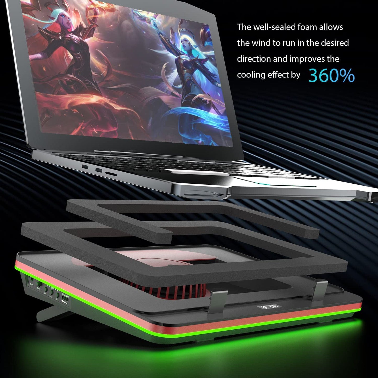 GT500 Powerful Turbo-Fan (4600 RPM) RGB Laptop Cooling Pad with Infinitely Variable Speed,Seal Foam for Rapid Cooling Gaming Laptop,Dust Filter for Protect Laptop,13-17.3Inch Laptop Cooler