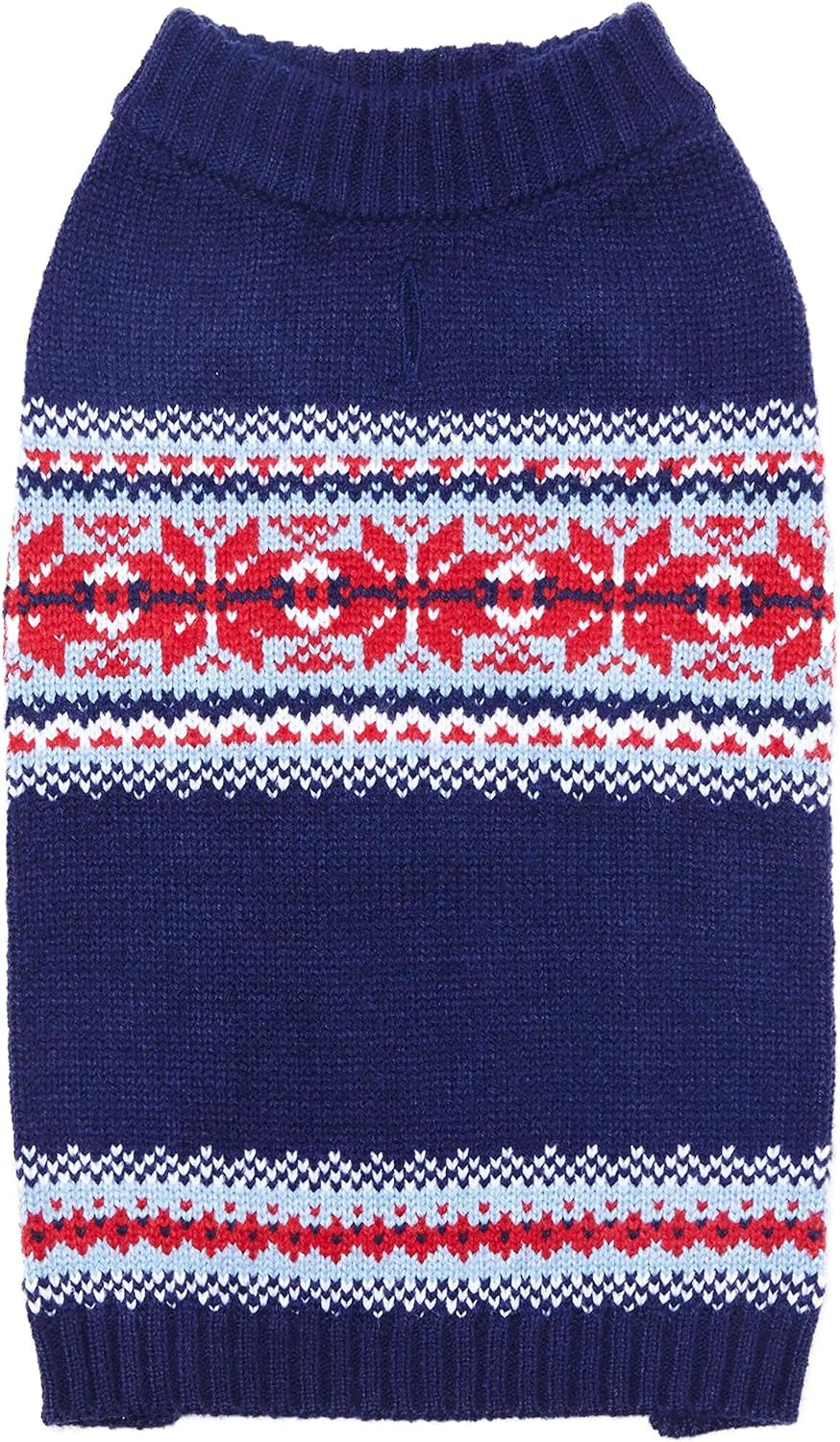 Christmas Holiday Chic Secret Fair Isle Snowflakes Dog Sweater in Navy Blue, Back Length 10", Pack of 1 Clothes for Dogs