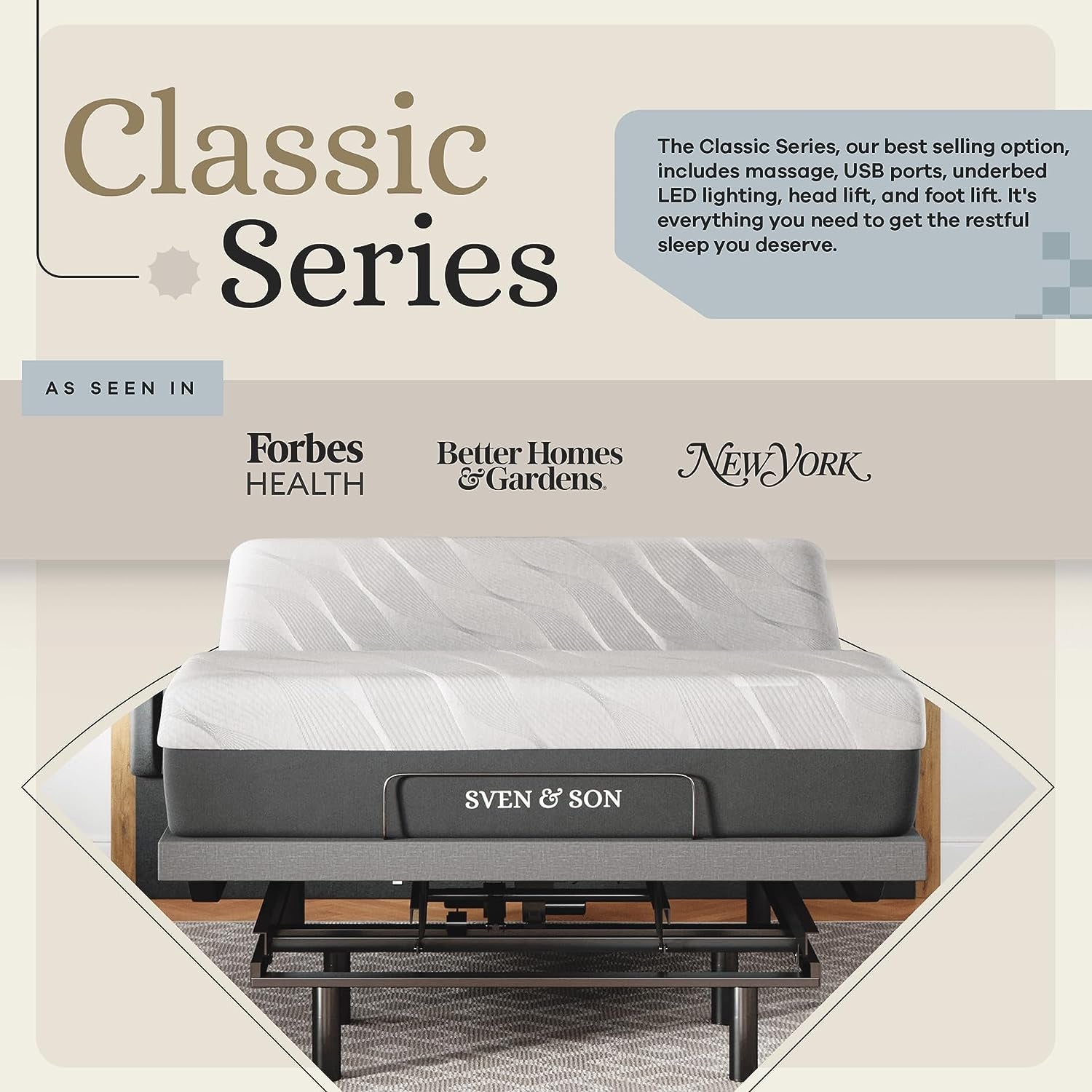 Classic Adjustable Bed Base Frame + 12 Inch Memory Foam Matt Medium, Head and Foot Lift, Massage, Under-Bed Lights, USB, Memory Positions, Zero Gravity, Wireless Remote - Queen