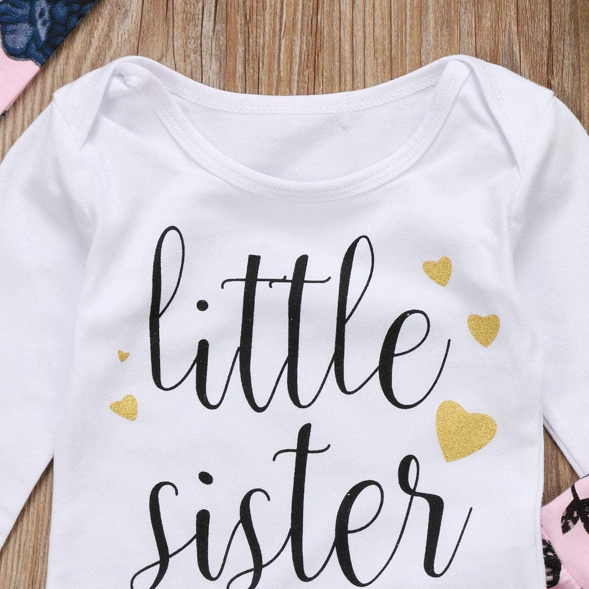Baby Girls Little Sister Bodysuit Tops Floral Pants Bowknot Headband Outfits Set