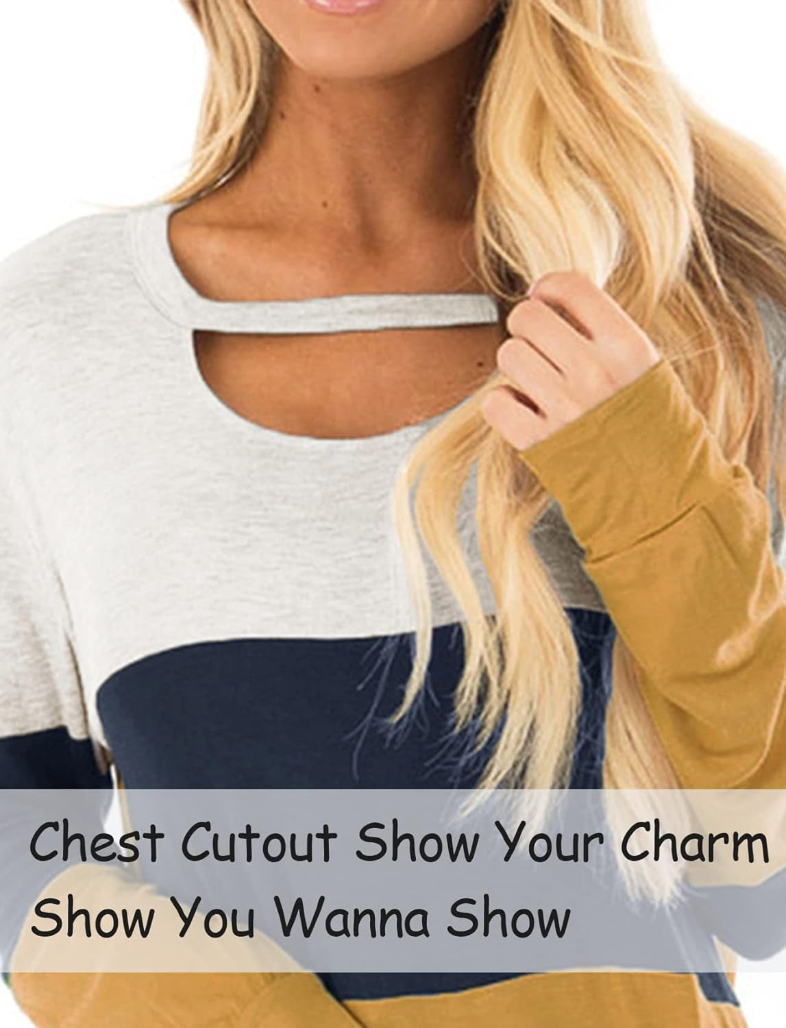 Women'S Fall Color Block Chest Cutout Tunics Long Sleeve Shirts Scoop Neck Blouse Casual Loose Fit Tops