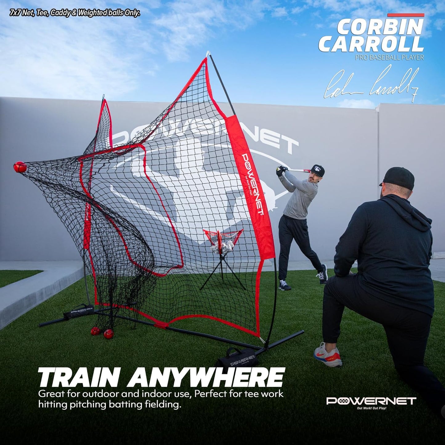 7X7 DLX Practice Net + Deluxe Tee + Ball Caddy + 3 Pack Weighted Ball + Strike Zone Bundle | Baseball Softball Coach Pack | Pitching Batting Training Equipment Set | 7' X 7'