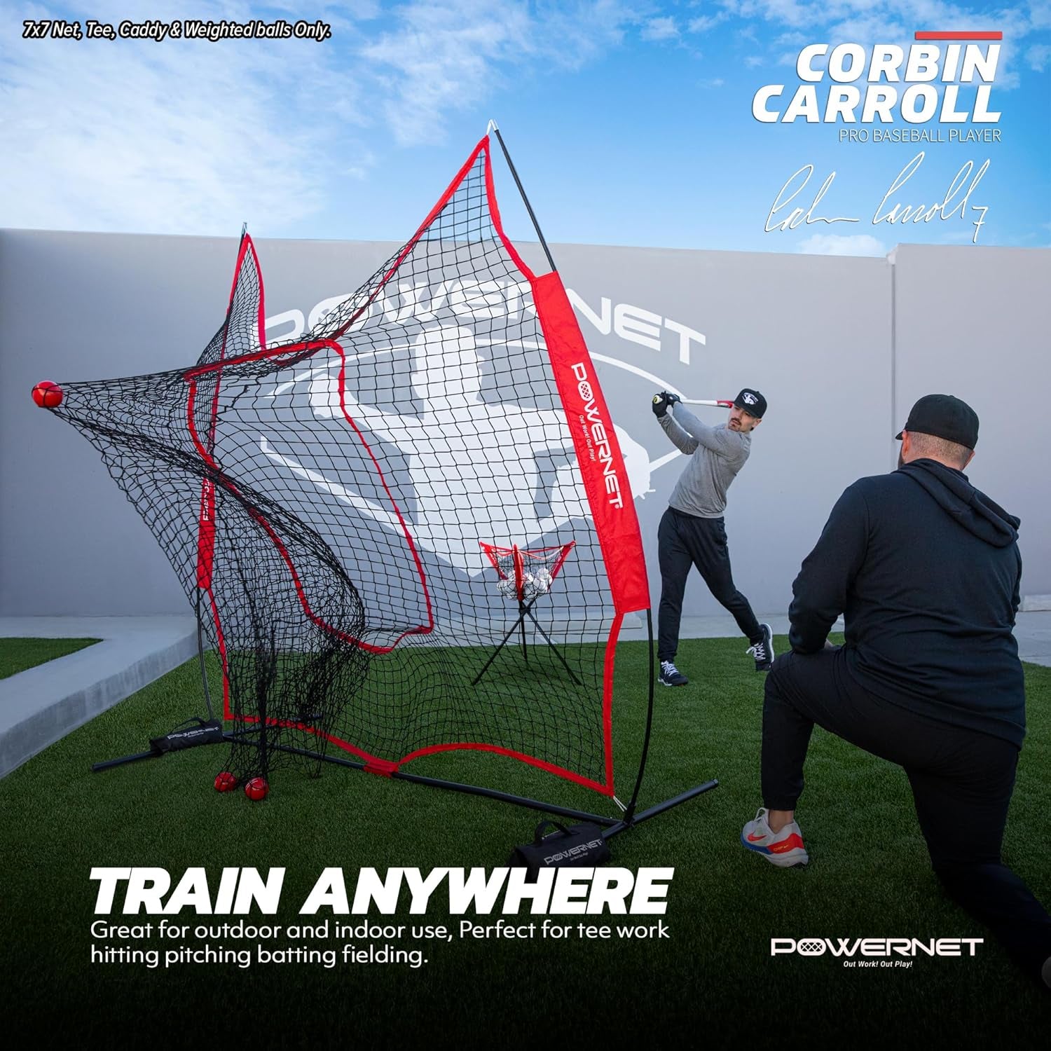 7X7 DLX Practice Net + Deluxe Tee + Ball Caddy + 3 Pack Weighted Ball + Strike Zone Bundle | Baseball Softball Coach Pack | Pitching Batting Training Equipment Set | 7' X 7'