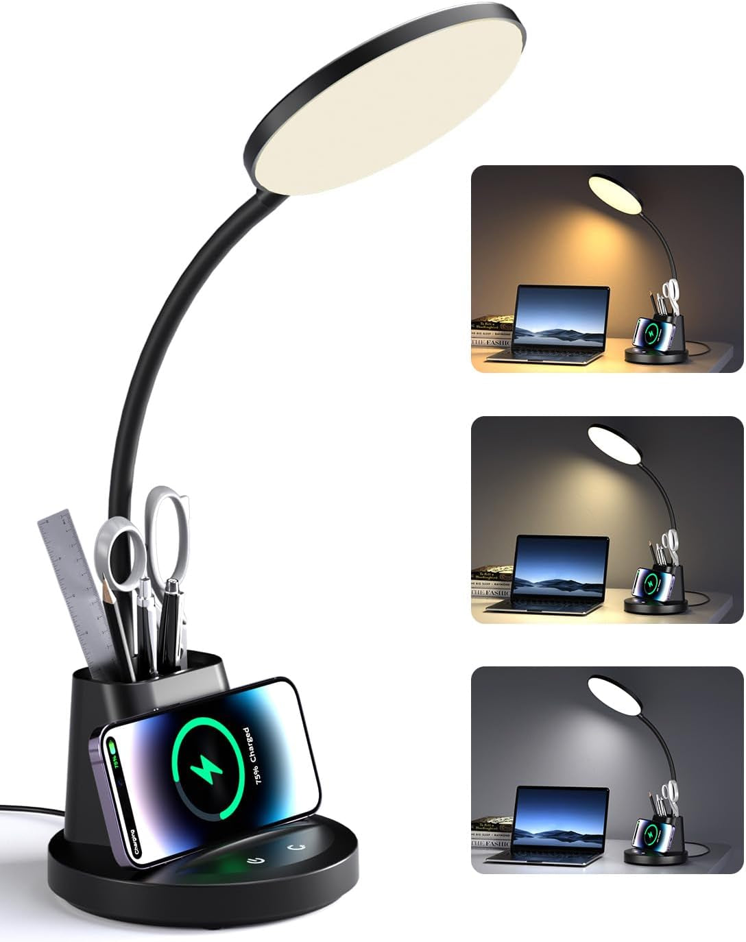 Desk Lamp with Wireless Charger for Home Office, Eye-Caring Reading Lamp 3 Color Modes Stepless Dimming LED Desk Lamp, Touch Table Lamp with Phone & Pen Holder, CRI90+, AC Adapter Included