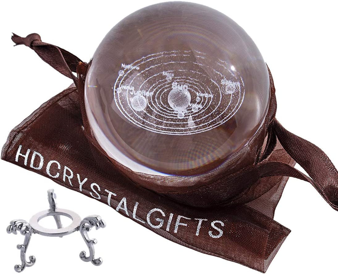 Crystal 2.4 Inch (60Mm) Solar System Crystal Ball with Sliver-Plated Flowering Stand,Fengshui Glass Ball Home Decoration