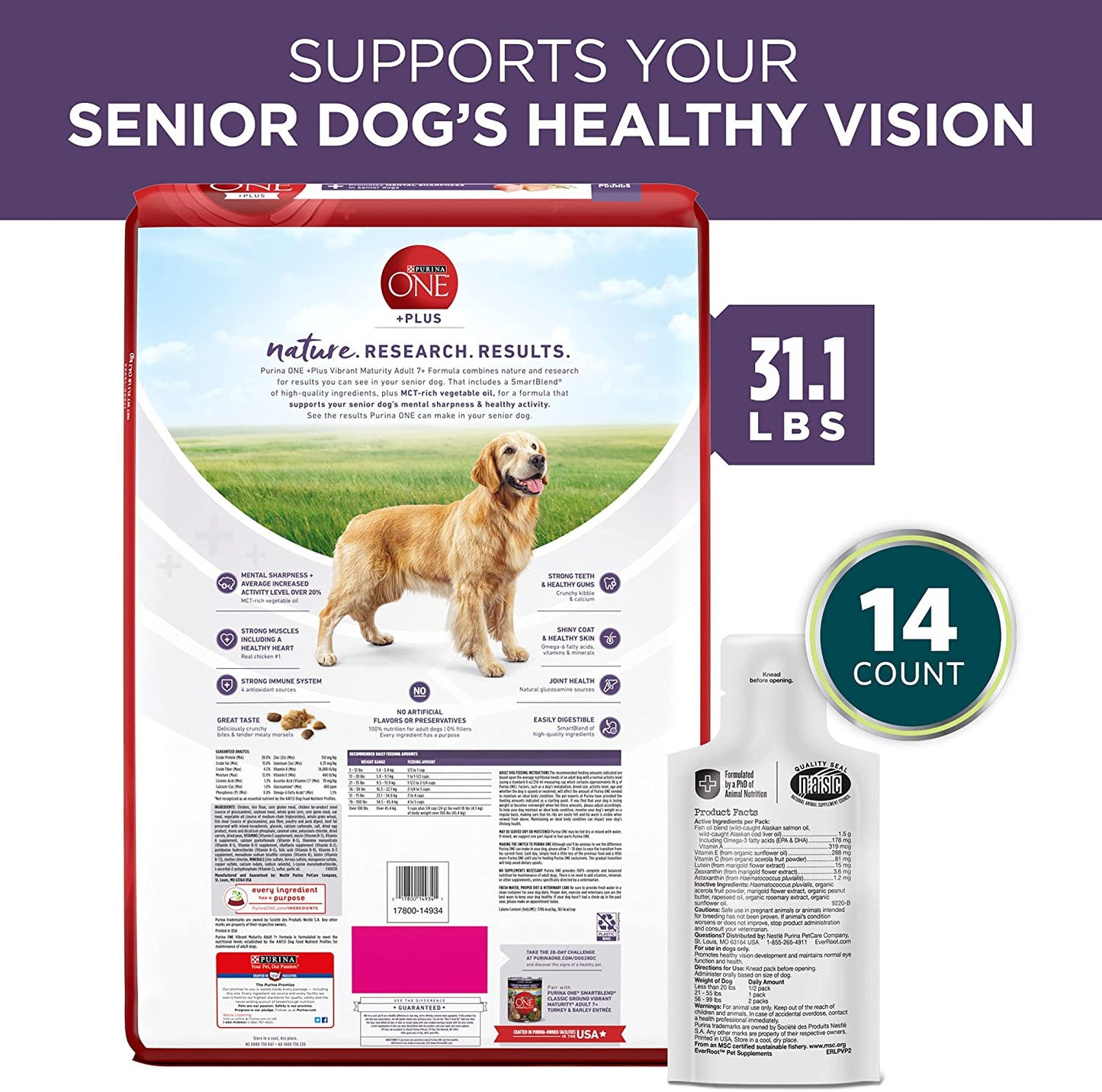 Purina Bundle Pack Senior Dog Food and Eye Care Dog Supplements, ONE +Plus Vibrant Maturity with Everroot