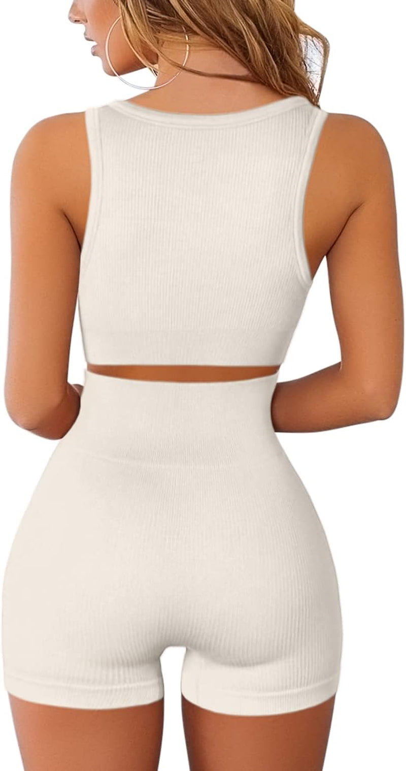 FAFOFA Yoga Outfit for Women Ribbed Seamless Crop Tank Tops High Waisted Shorts 2 Piece Workout Sets Beige S