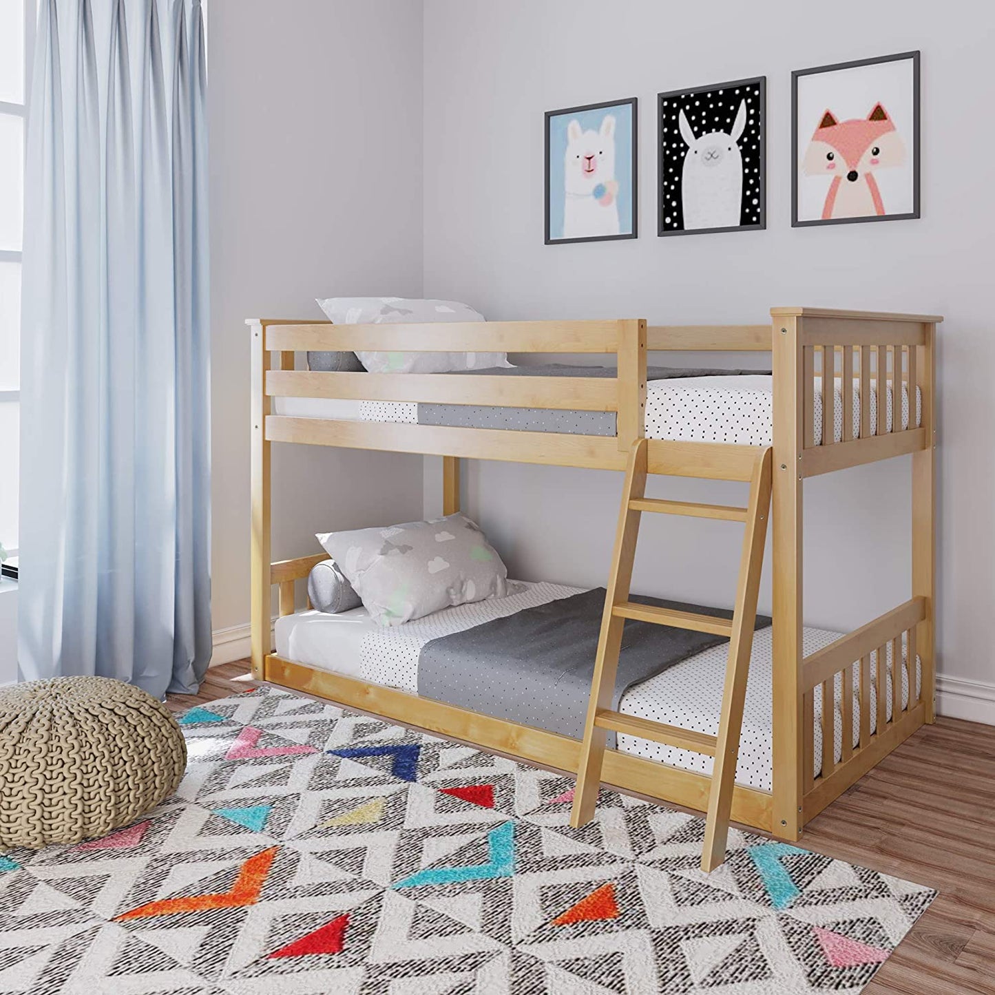 Twin over Twin Low Bunk Bed with Ladder, Wooden Bunk Beds with 14” Safety Guardrail for Kids,Toddlers, Boys, Girls, Teens, Bedroom Furniture, Natural