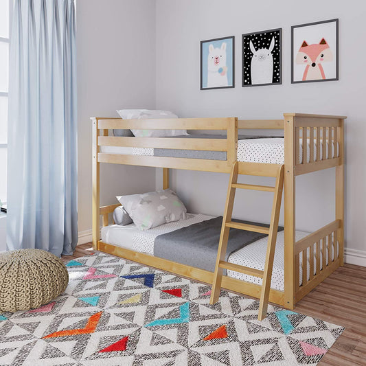 Twin over Twin Low Bunk Bed with Ladder, Wooden Bunk Beds with 14” Safety Guardrail for Kids,Toddlers, Boys, Girls, Teens, Bedroom Furniture, Natural