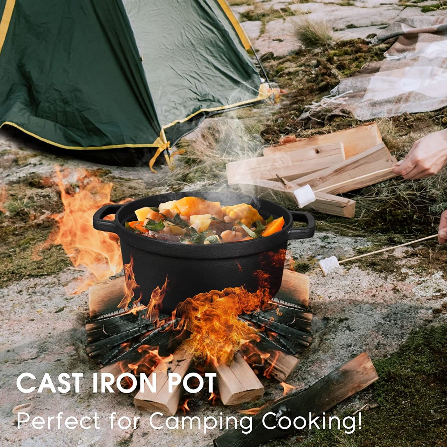 Pre-Seasoned Cast Iron 2-In-1 Heavy-Duty 5.5Qt Dutch Oven with Skillet Lid Set, Oven,Grill, Stove Top, BBQ and Induction Safe