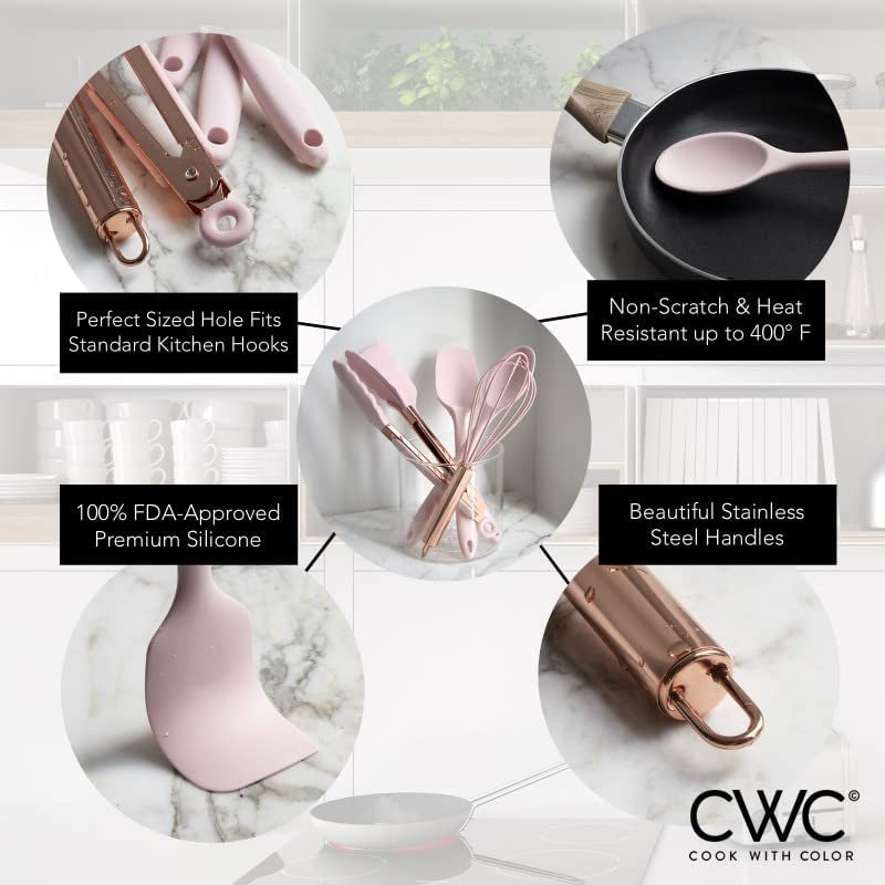 Silicone Cooking Utensils, 5 Pc Kitchen Utensil Set, Easy to Clean, Cooking Utensils for Nonstick Cookware, Kitchen Gadgets Set - Pink and Copper