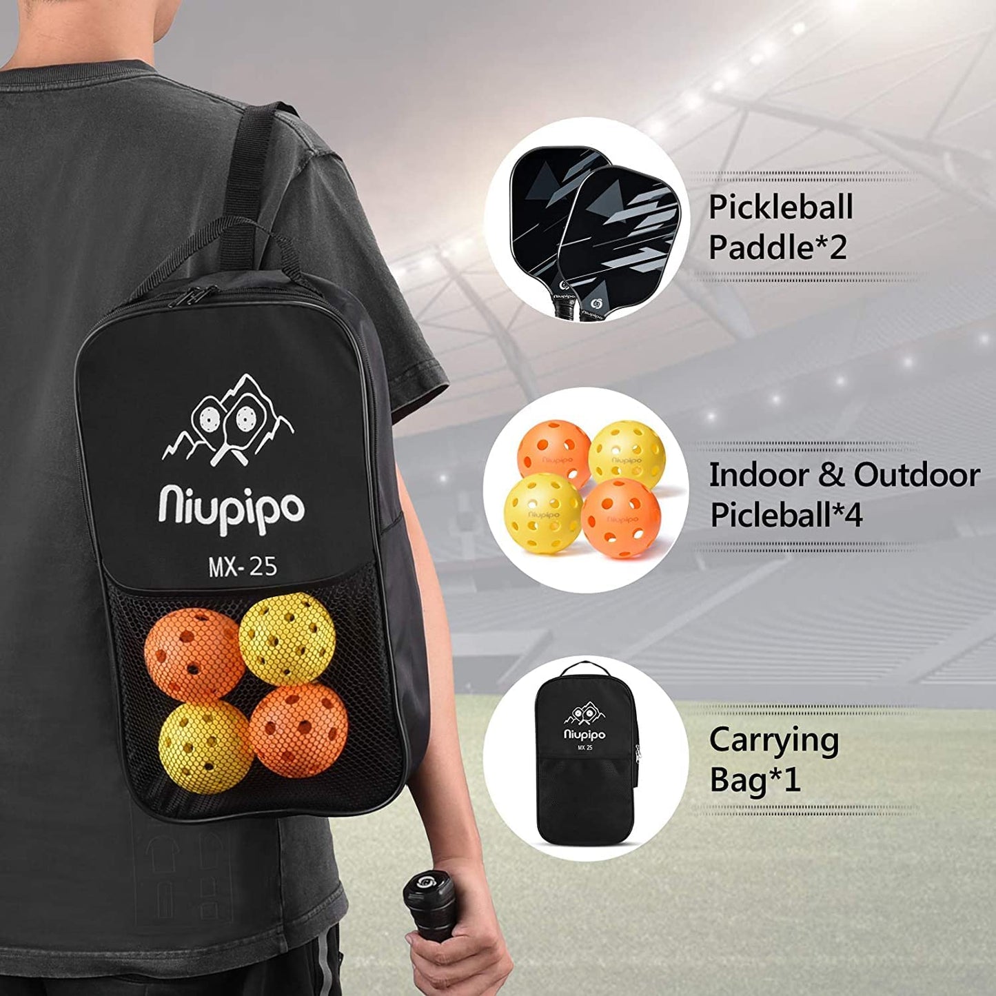 Pickleball Paddles, Lightweight Pickleball Rackets W/Fiberglass Surface, Fiberglass Pickleball Paddles Set of 2 with 4 Pickleball Balls and 1 Bag