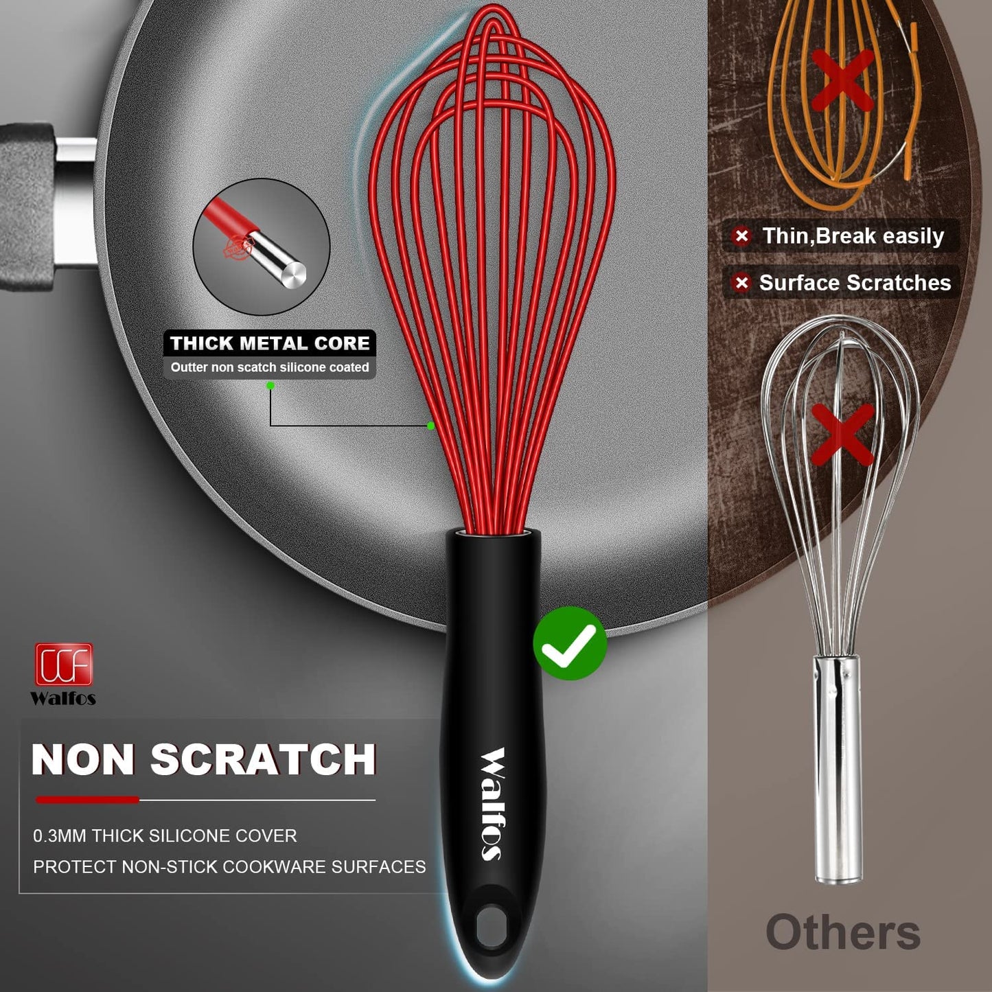 Silicone Whisk Set,  11'' Flat Whisk and 10'' Balloon Whisk for Blending Beating Stirring and Kitchen Cooking