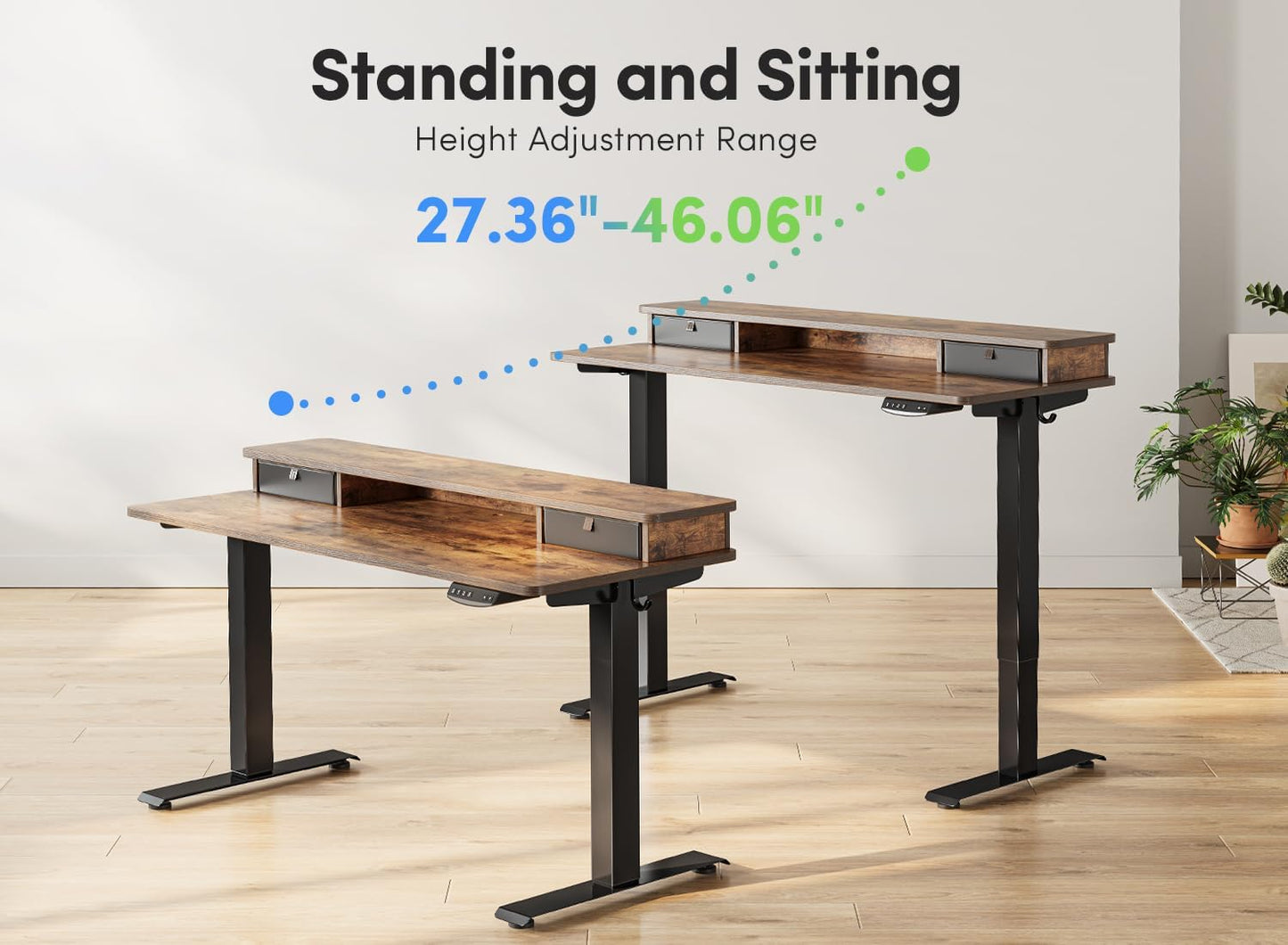 55 X 24 Inch Height Adjustable Electric Standing Desk with Double Drawer, Stand up Desk with Storage Shelf, Sit Stand Desk, Rustic Brown